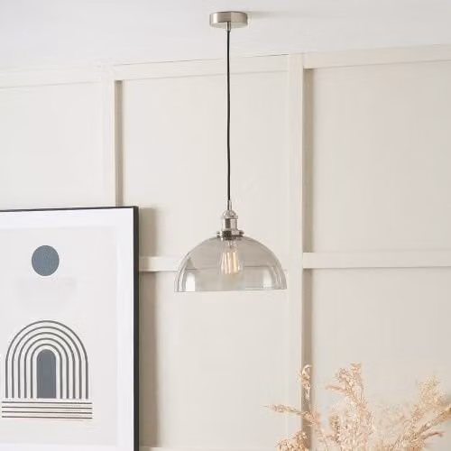 Ruma Vintage Dome Pendant Ceiling Light in Antique Silver and Grey Metal and Glass