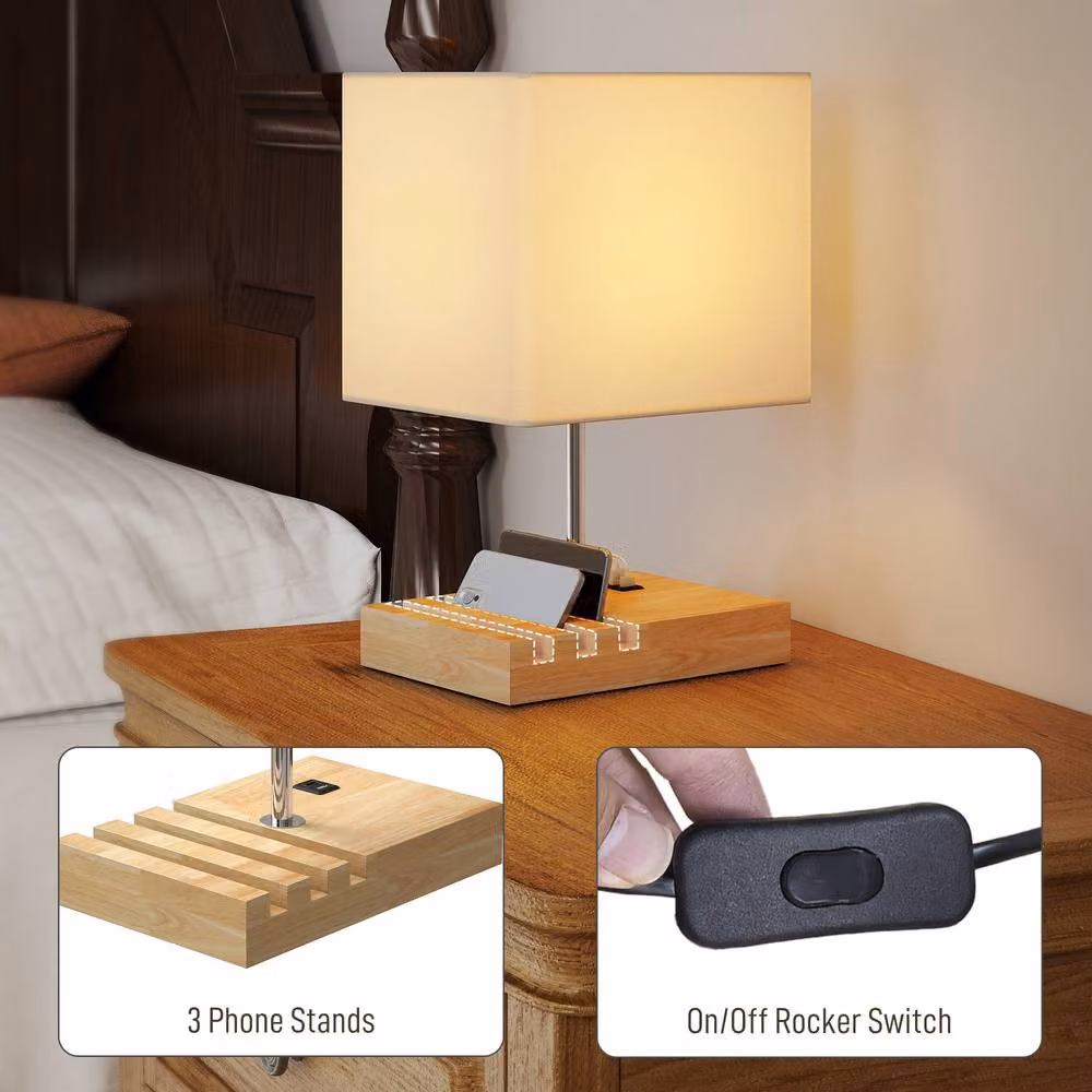 HOMCOM Modern White Table Lamp with Solid Wood Base and Fabric Shade – 5