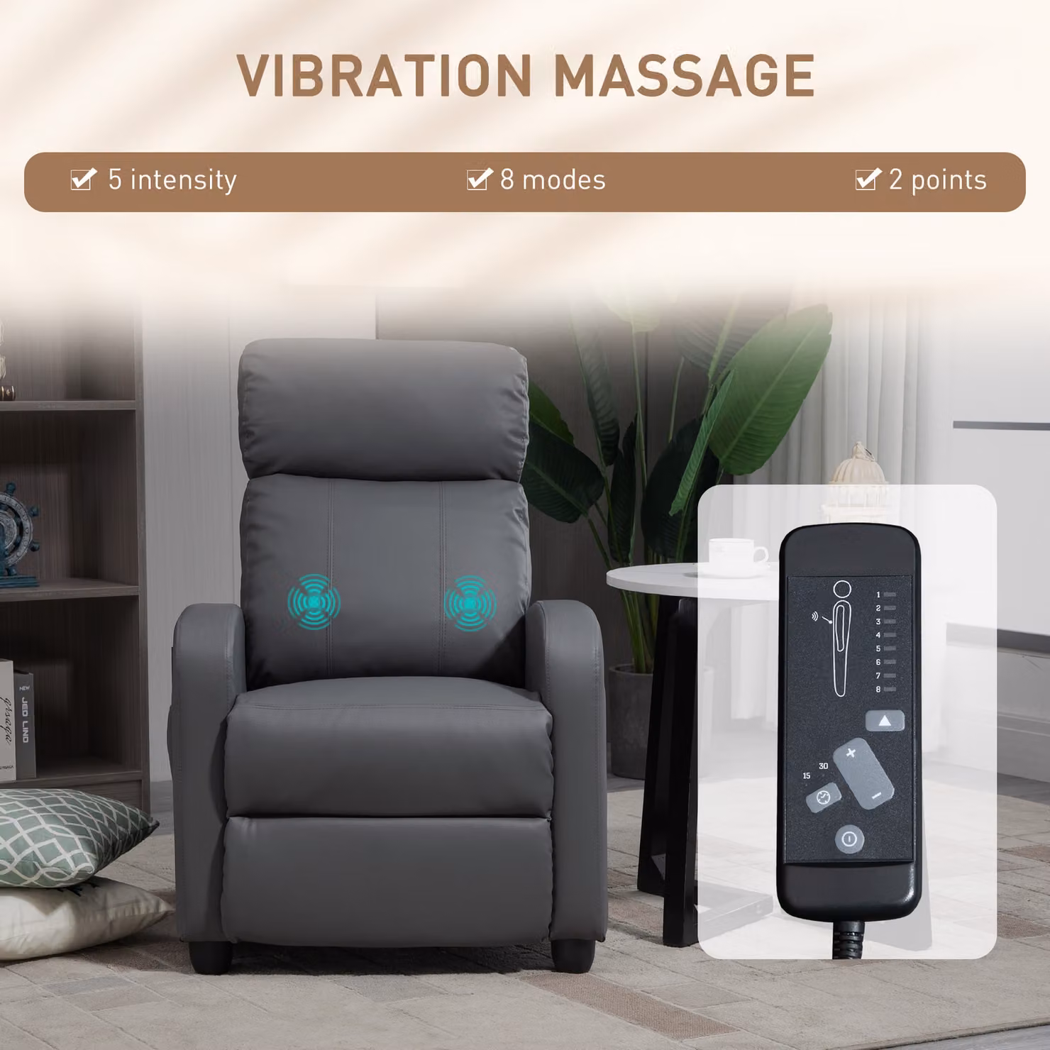 HOMCOM Reclining Massage Chair in Grey Faux Leather with Footrest and Remote Control – 4