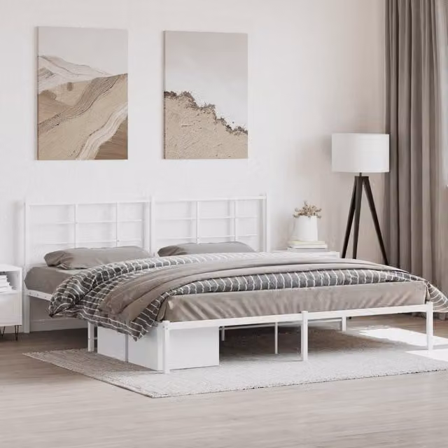 Berkfield Home Metal Bed Frame with Headboard, White, W/D/H: 193 x 203 cm
