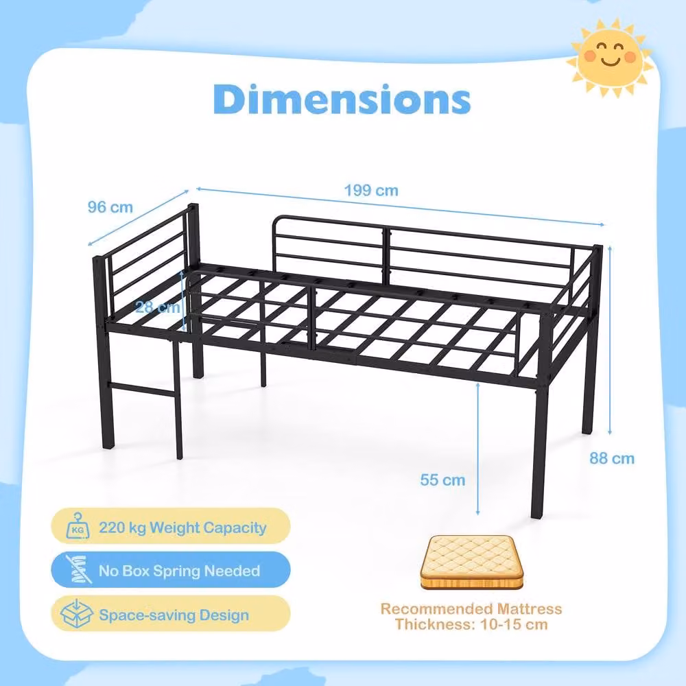 Costway Single Size Low Loft Metal Bed Frame with Guardrails and 2 Ladders in Black, W/D/H: 90 x 200 x 155 cm – 4