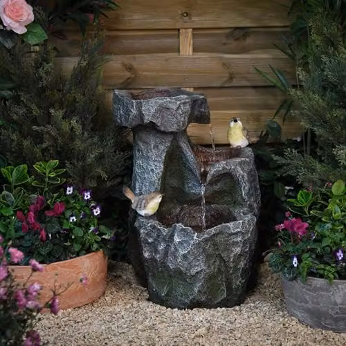 Garden Gear Grey Cascading Rock Water Feature with Two Birds and LED Lights, Durable Polyresin Outdoor Garden Ornament, Height: 54 cm – 5