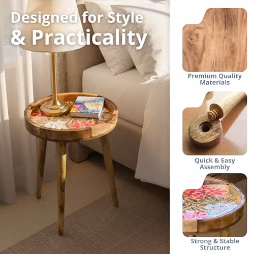 Hartsmede Mango Wood Round Side Table with Multicolour Red Mosaic Enamel Top, W/D/H: 38 x 38 x 46 cm – 3