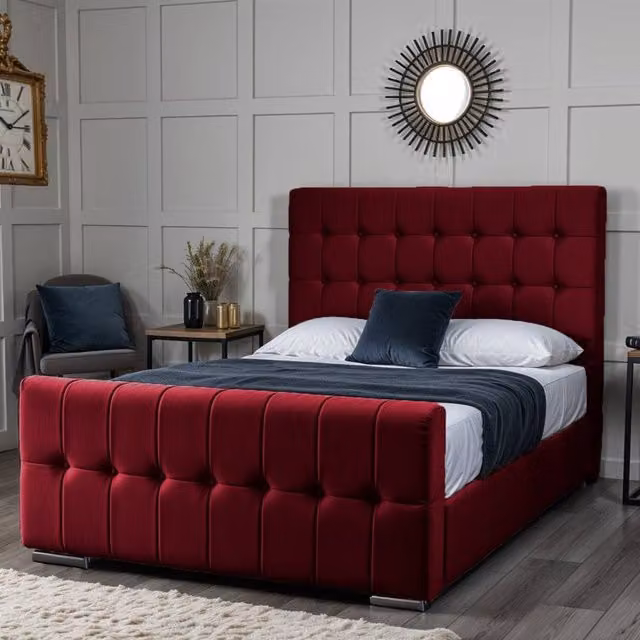 UK Bed Furniture Orlando Upholstered Velvet Bed in Red, W/D/H: 90 x 190 cm