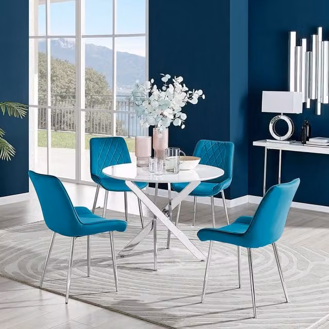 FurnitureboxUK Novara White High Gloss Round Dining Table with 4 Pesaro Silver Chairs in Blue
