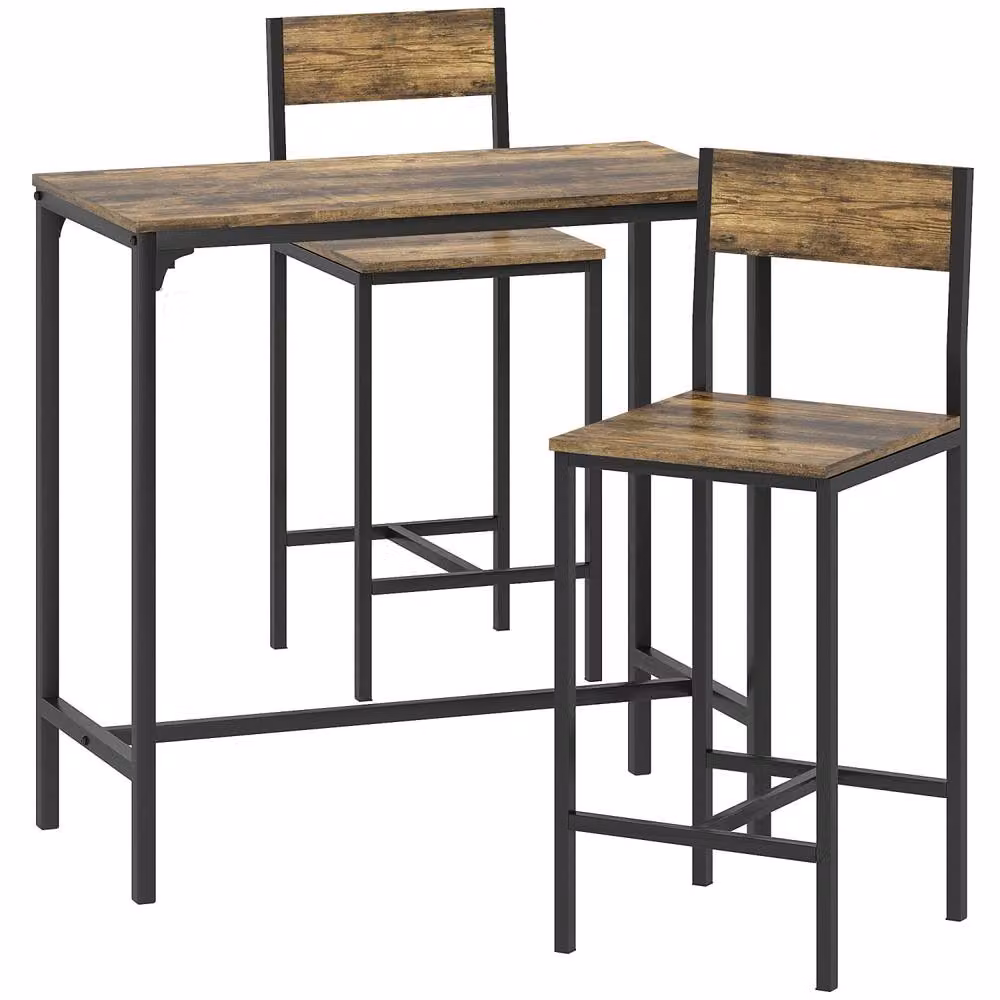 Wyld Haus Torakeno Industrial 3 Piece Bar Table and 2 Stool Set in Rustic Brown and Black – 2