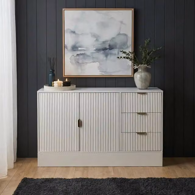 OHS Solid Ribbed Sideboard Buffet Cabinet Storage Unit in White