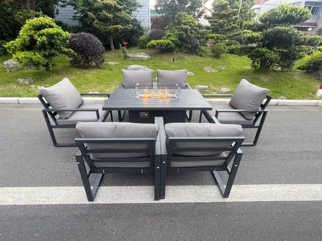 Fimous 6 Seat Garden Dining Set with Gas Fire Pit Table and Chairs in Dark Grey Powder Coated Aluminium
