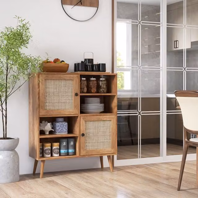 Costway Boho Rattan Sideboard and Modern Buffet Cabinet in Natural Wood Finish