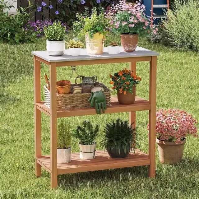 SPETLEK Acacia Wood Outdoor Garden Potting Bench Table in Natural Brown – 1