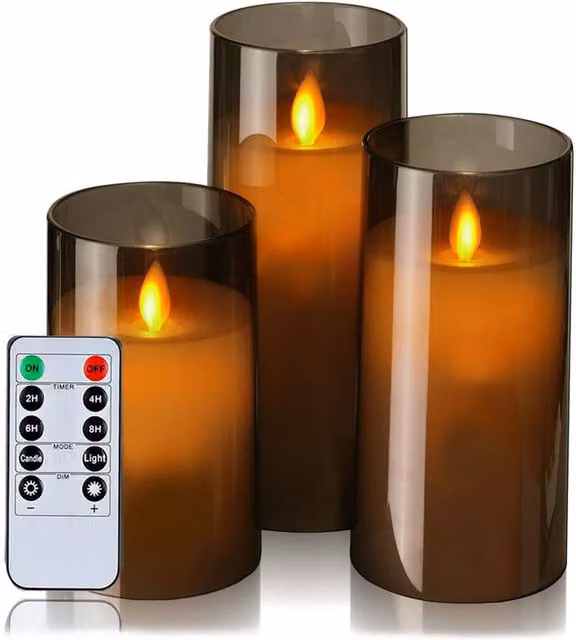 Livingandhome Set of 3 Smoke Grey LED Glass Pillar Candles with Remote Control and Flicker Effect