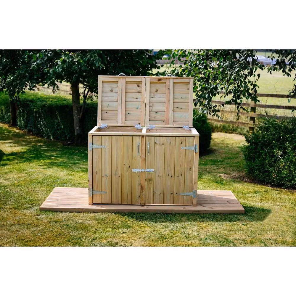 The Garden Village Dutton Double Timber Dustbin Store in Brown, W122.5 x D64 x H88 cm – 2