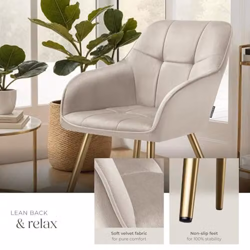 tectake Marilyn Set of 4 Dining Chairs in Taupe and Gold with Velvet Fabric and Armrests – 4