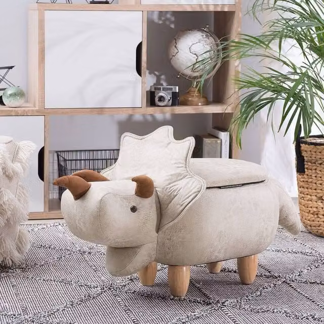 Wyld and Coco Triceratops Kids Storage Stool in Light Grey Synthetic Leather and Rubberwood, W/D/H: 42 x 56 x 92 cm