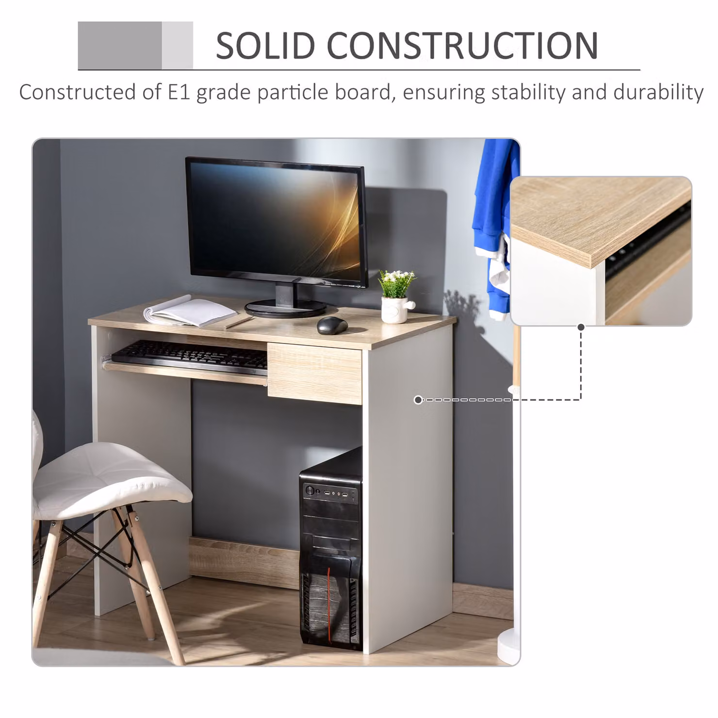 HOMCOM Compact Computer Table with Keyboard Tray and Drawer in Oak Colour – 5