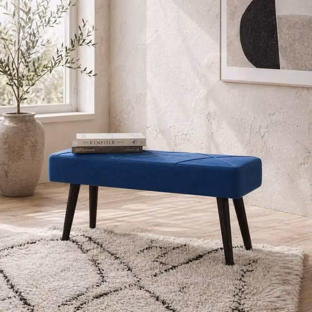 Wyld Haus Mazuka Blue Velvet End of Bed Bench with Black Steel Legs – 1