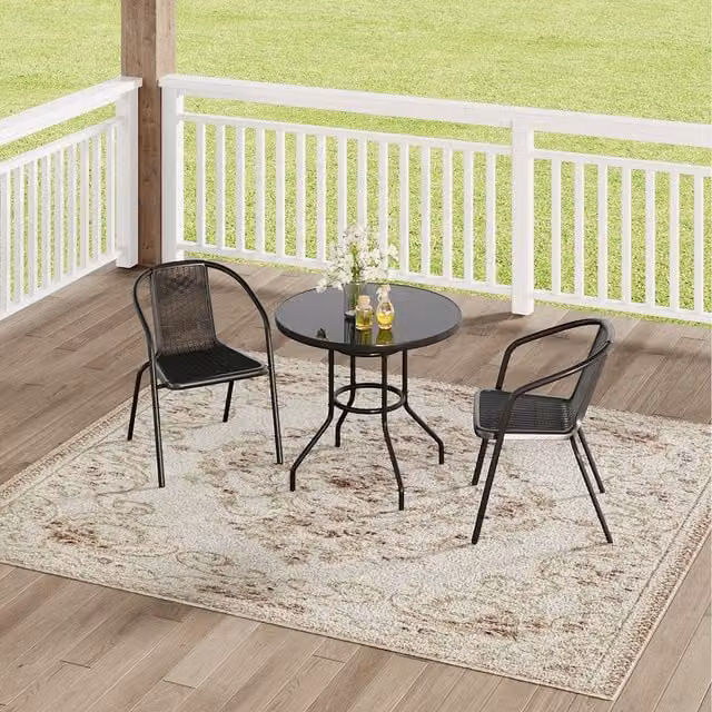 Komore Black Round Tempered Glass Garden Table and Four Folding Chairs Set