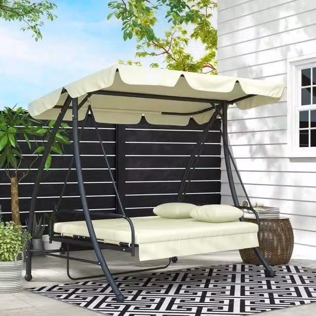 Chilli Seating Ibiza Swing Chair Day Bed in Cream with Sun Canopy and Cushions