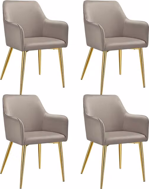 tectake Set of 4 Modern Velvet-Look Dining Chairs with Armrests in Beige and Gold – 6