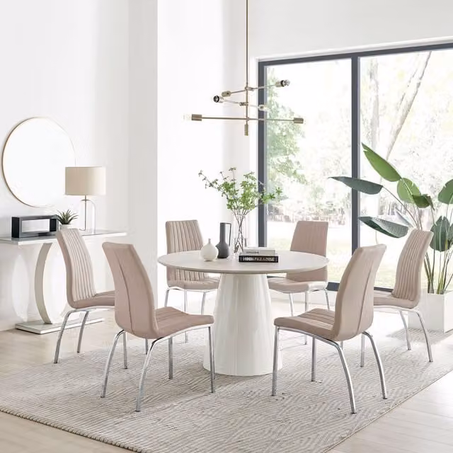 Furniturebox Palma Beige Stone Effect Round Dining Table and 6 Isco Chairs in Cappuccino