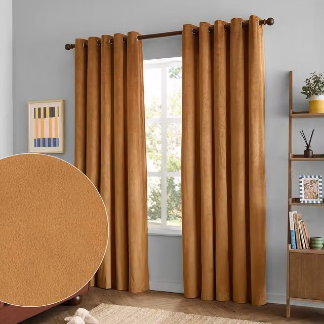 Furn Pale Orange Velvet Blackout Eyelet Curtain Pair, Width: 117 cm, Drop: 183 cm – 1