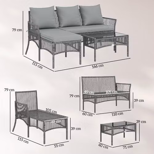 Outsunny 3 Piece Rattan Garden Furniture Set with Cushions, Grey – 7
