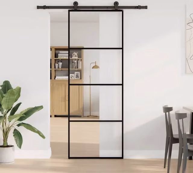 Berkfield Home Modern Sliding Door with Hardware Set in Black, ESG Glass and Aluminium, W: 76 cm, H: 205 cm