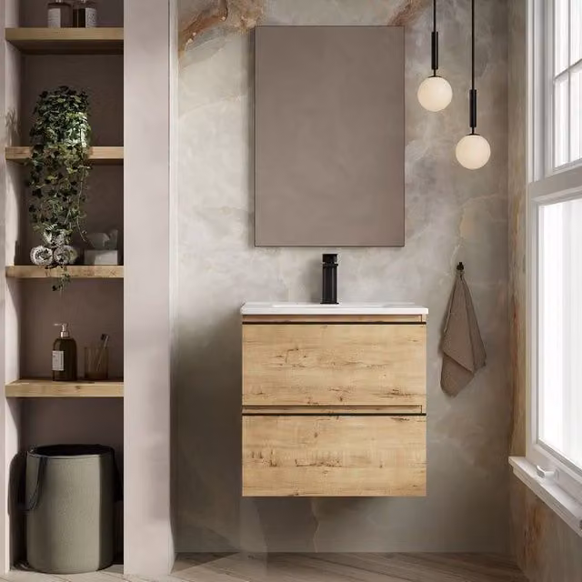 Banyetti Vatilla 600mm Wall Hung Vanity Unit with Lira Basin in Ostippo Light Oak