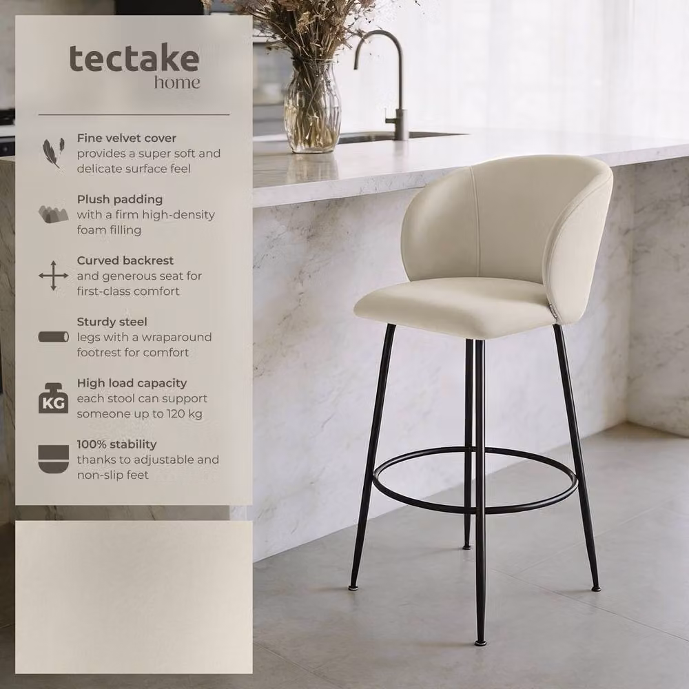 tectake Luana Modern Velvet Bar Stool Set of 6 in Cream and Black – 2