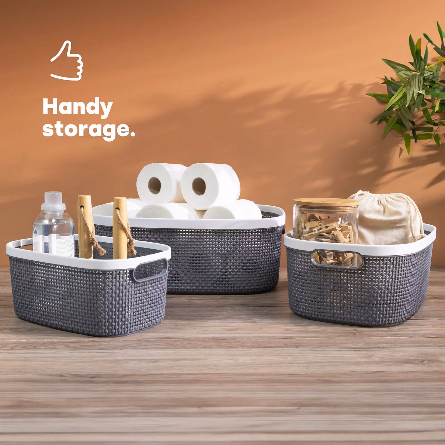 LIVIVO Grey Plastic Woven Effect Organiser Basket with Handles, 22L – 2