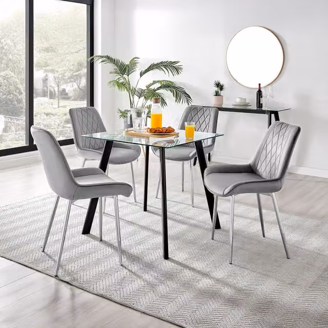 FurnitureboxUK Seattle Square Glass Dining Table with 4 Pesaro Silver Chairs in Grey and Black