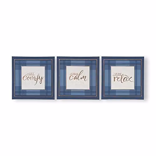 Art For The Home Heritage Tweed Trio Set of 3 Blue and Gold Printed Canvas Wall Art with Metallic Typography