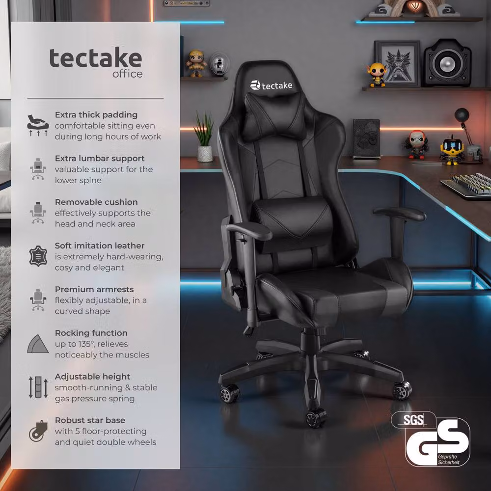 tectake Stealth Gaming Chair in Black with Synthetic Leather and Headrest – 2