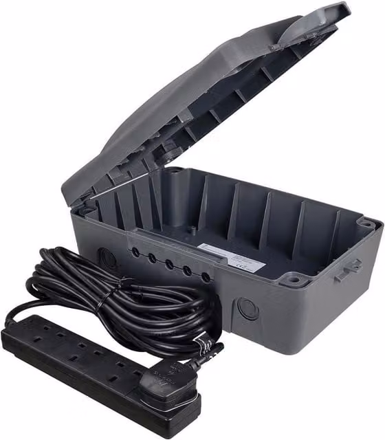 Masterplug Weatherproof Box with 10m 240v 4-way Bar UK Plug, Grey and Multicolour