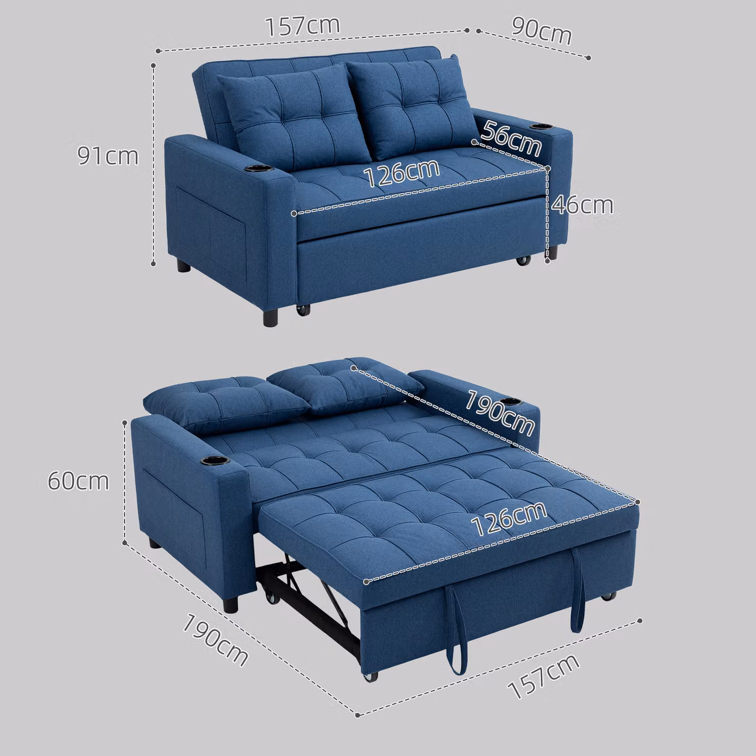 HOMCOM 2-Seater Click-Clack Sofa Bed with Storage and Adjustable Back in Dark Blue – 3