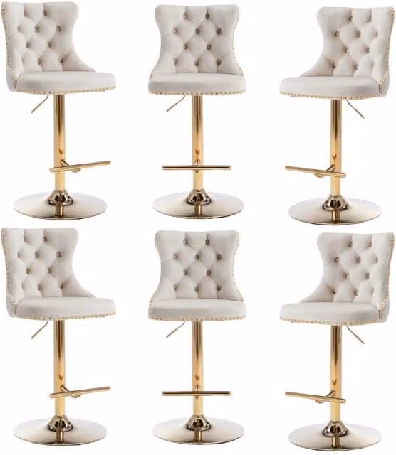 Modern Home Touch Set of 6 Luxury Velvet Adjustable Swivel Bar Stools with Gold Metal Base in Beige