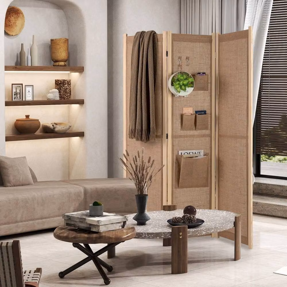 Havendro 3-Panel Folding Privacy Screen with Hooks in Natural Beige/Sand – 3