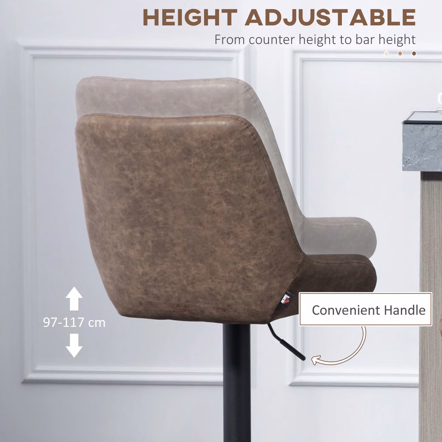 HOMCOM Set of 2 Padded PU Leather Bar Stools with Metal Base, Brown – 5