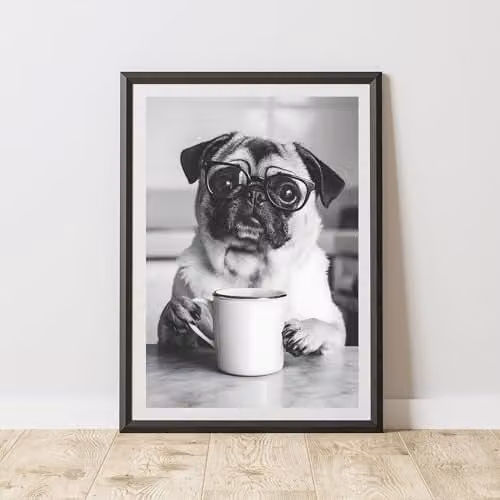 60 Second Makeover Limited Funny Pug Drinking Coffee Illustration Paper Poster, A3, Multicolour