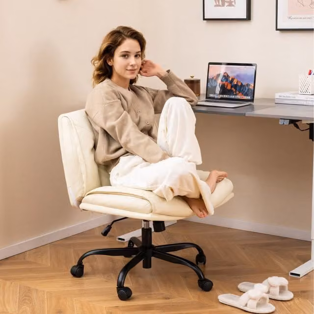 COSTWAY White Armless Cross Legged Task Chair with PU Leather and Castors for Home Office