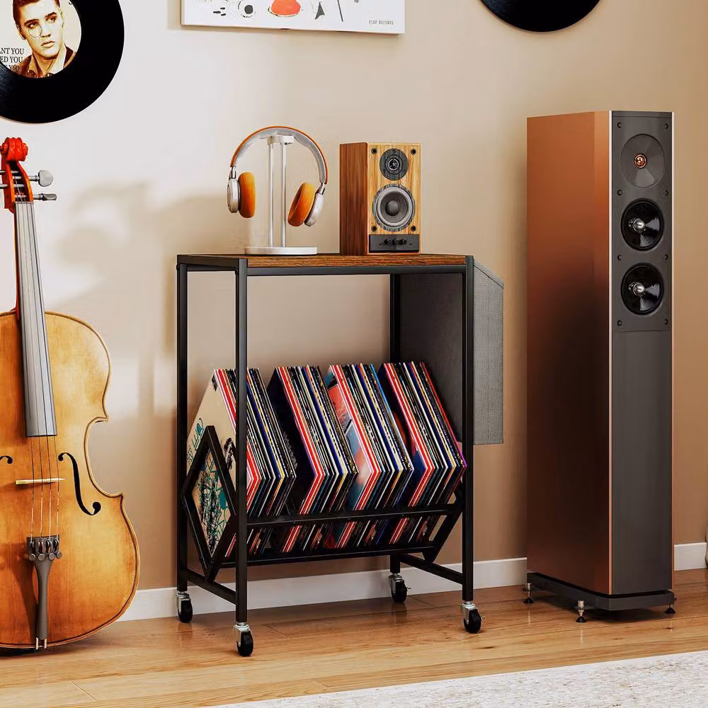 Gymax Brown Rolling Turntable Stand with Vinyl Magazine Holder and Media Compartments – 9