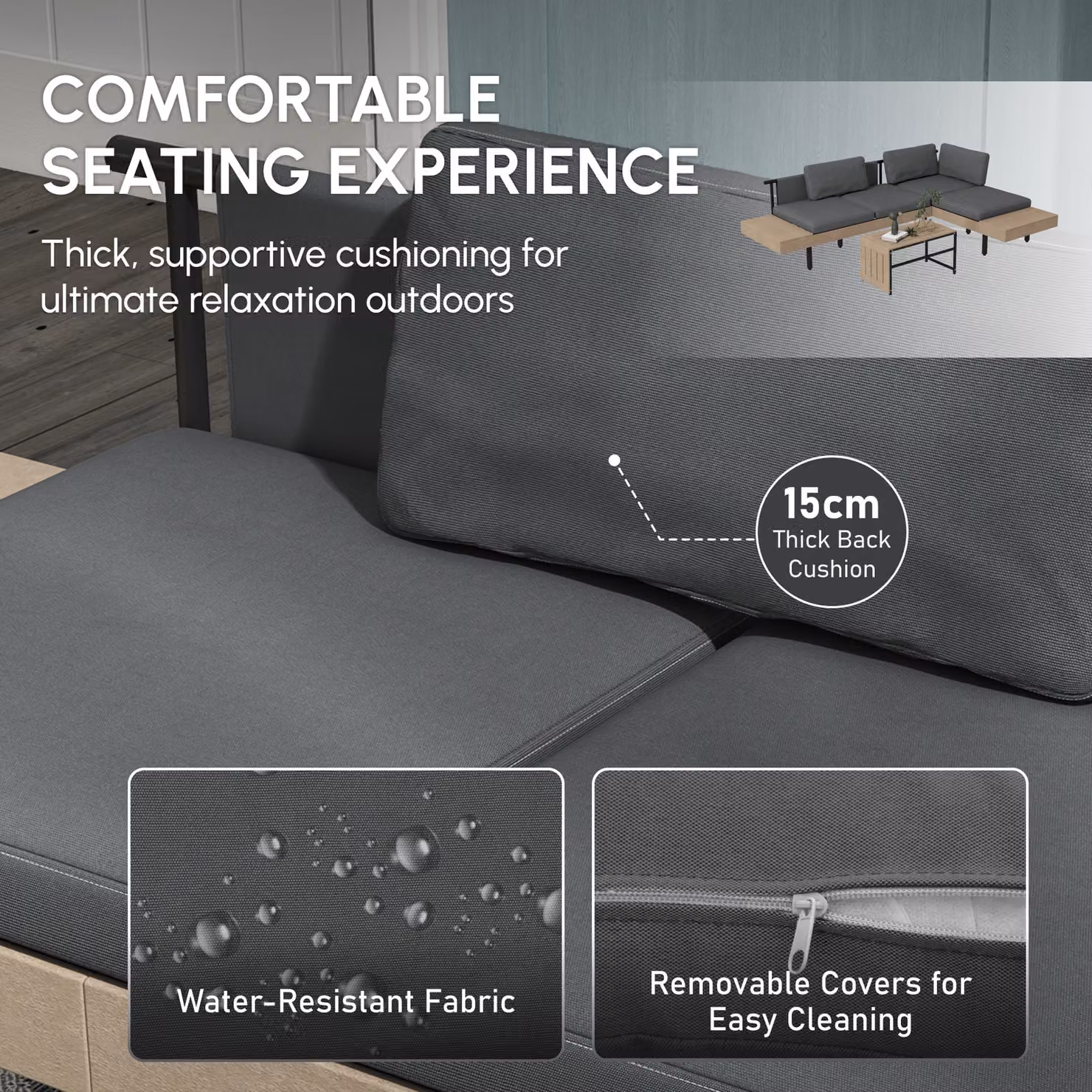 Outsunny 3-Piece Grey L-Shape Garden Corner Sofa Set with Wood-effect Coffee Table and Upholstered Cushions – 4