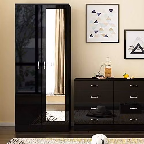 FWStyle Chilton Black Gloss Mirrored 2 Door Wardrobe H 181 x W 80 x D 50 cm – 2