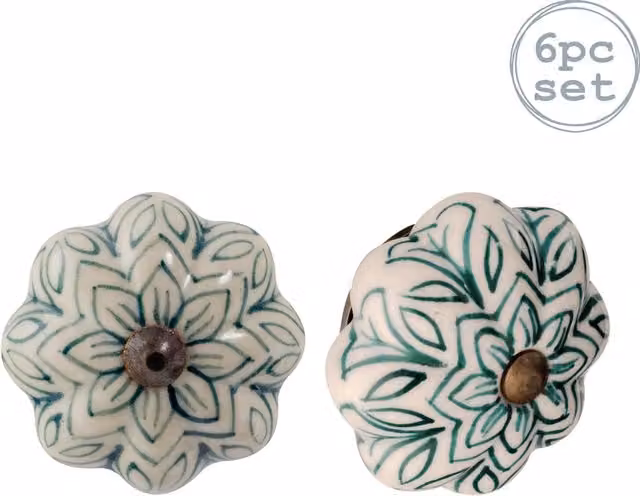 Nicola Spring Floral Ceramic Cabinet Knobs, Pack of 6, Dark Green