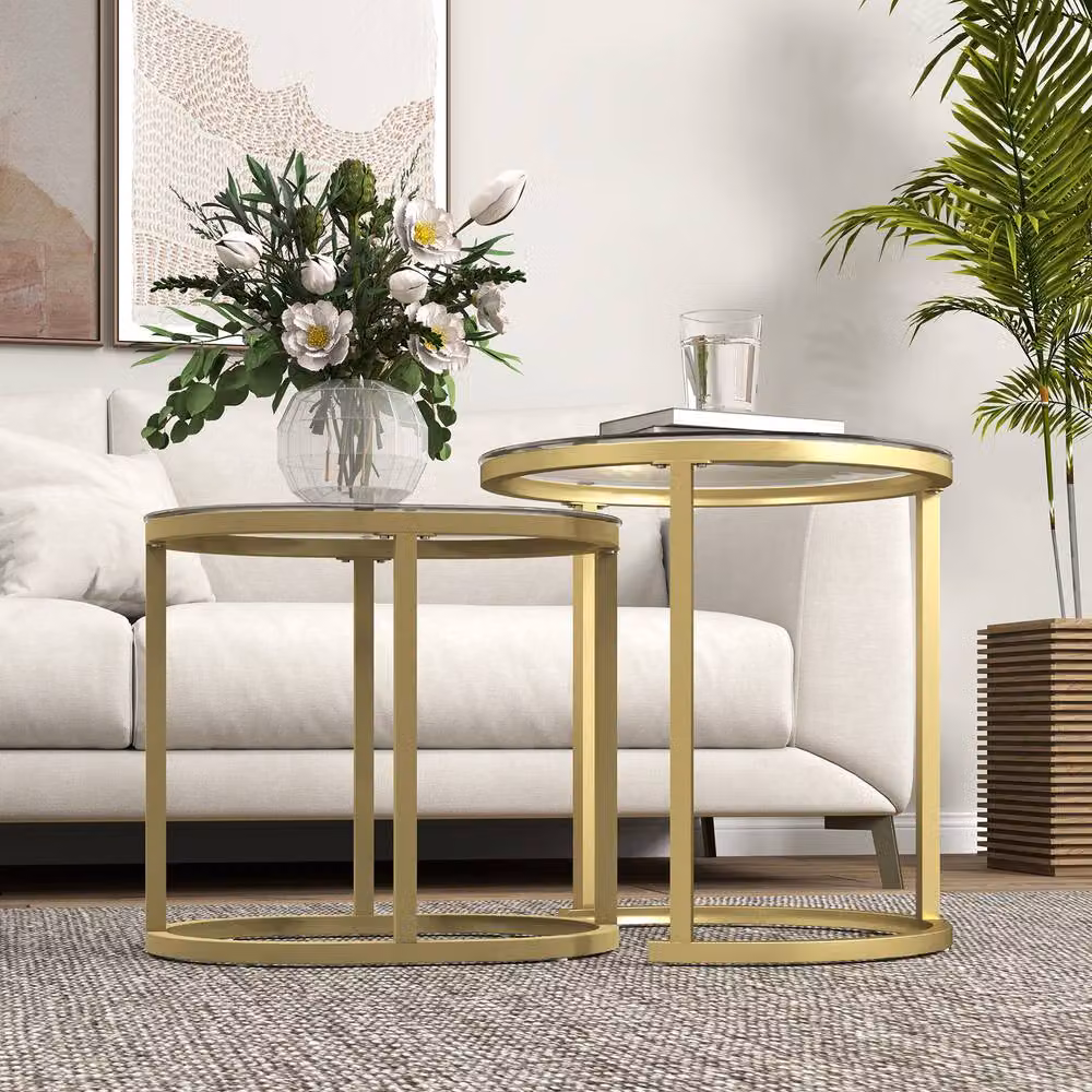 STILVORA Nest of Tables with Round Tempered Glass Tops and Gold Steel Frame – 6