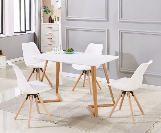 Life Interiors Sophie Dallas Mid-Century Dining Set with Rectangular Table and 4 White Chairs