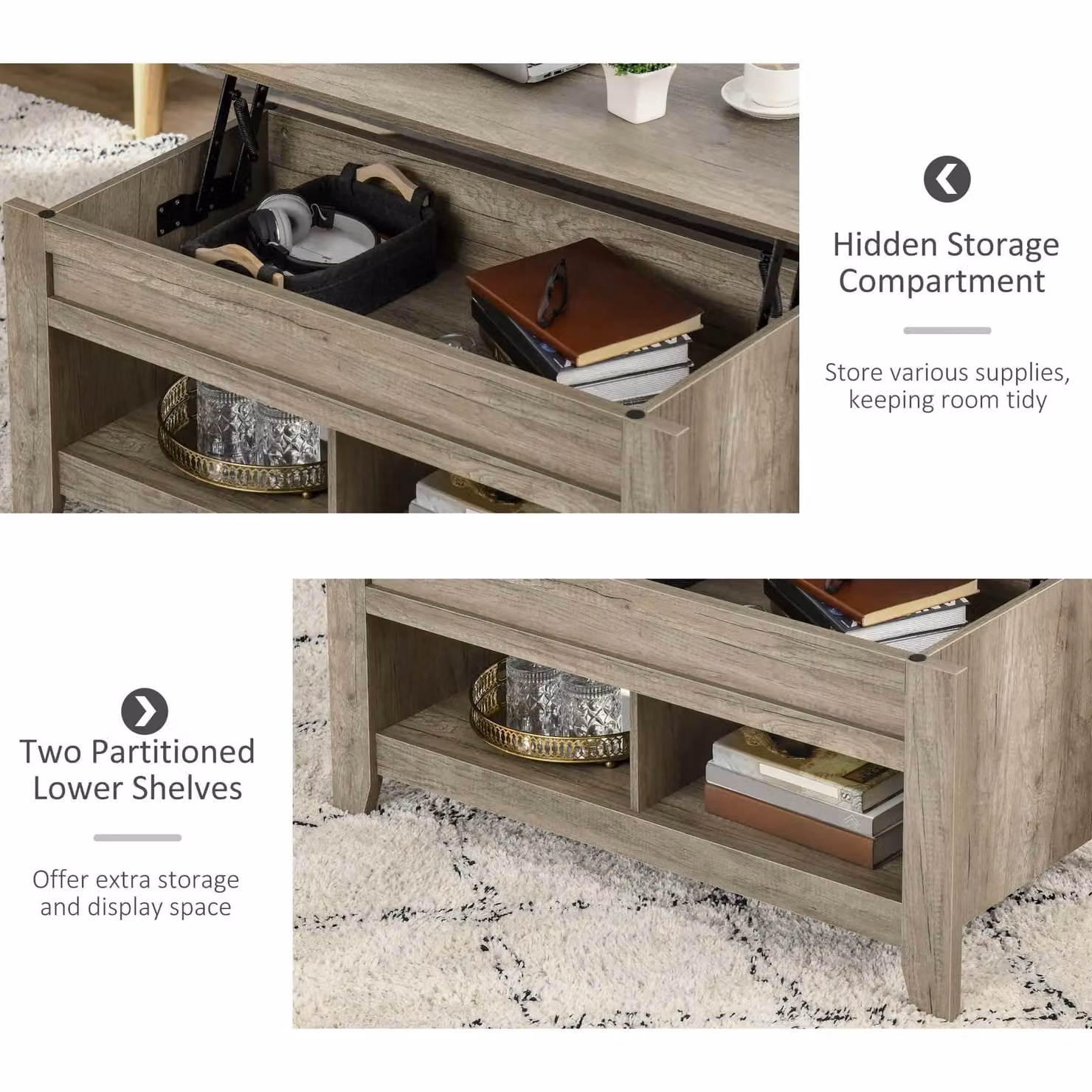 HOMCOM Modern Rectangular Lift Top Coffee Table with Hidden Storage and Open Shelf in Brown, W/D/H: 105.0 x 62.5 x 45.0 cm – 5
