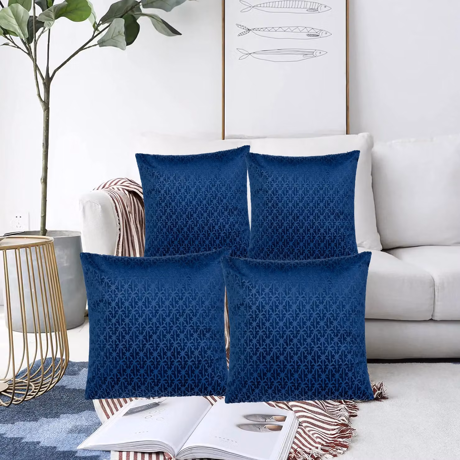 Luxor Living Set of 4 Blue Textured Velvet Square Cushions, W/D/H: 45 x 45 x 45 cm – 5