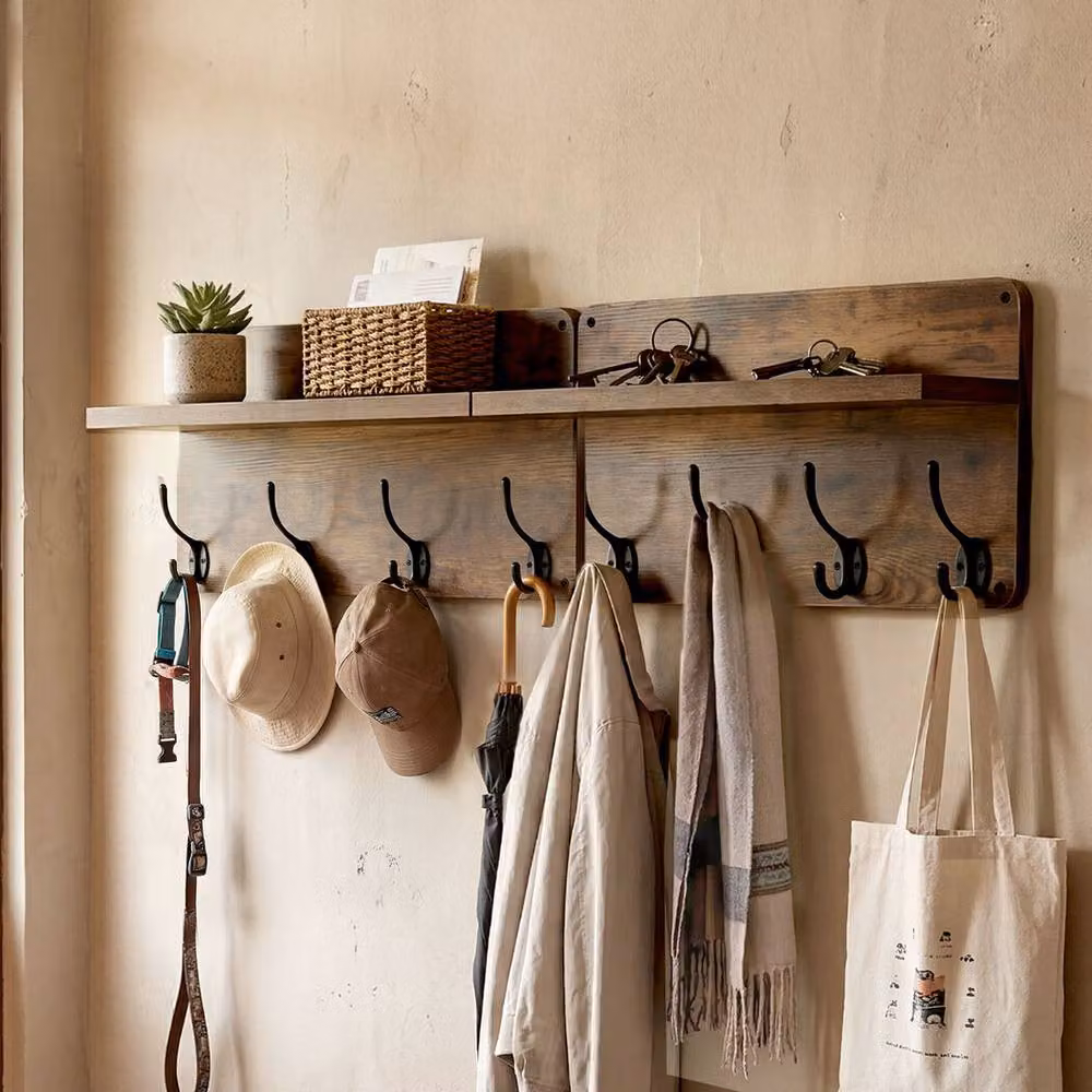 Levede 2 Piece Set of Brown Wooden Wall Mounted Coat Racks with 8 Hooks – 3