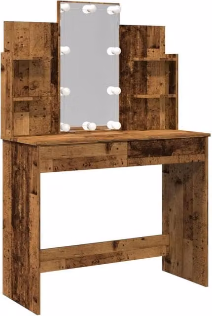 Berkfield Home Dressing Table with Hollywood LED Lights in Brown, W/D/H: 96 x 40 x 142 cm – 1